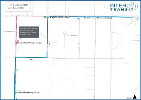 Route 21 on detour due to closure of Central St. near Miller Ave.