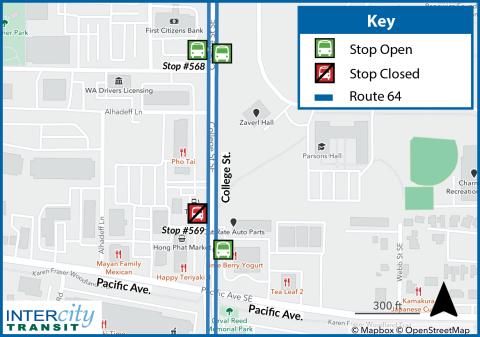 Bus stop #569, College St. at Pacific Ave. [sb] will be temporarily closed.