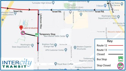 Routes 12 and 13 on detour due to the closure of the entrance to Labor and Industries for a project.