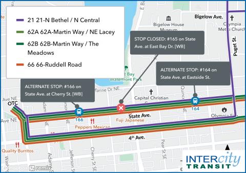Stop #165 on State Ave. at East Bay Dr. [WB] closed due to the closure of State Ave. between Pear St. and Chestnut St.
