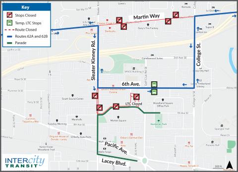 Routes 62A and 62B will be on detour due to road closures for the Lacey Lighted Parade.