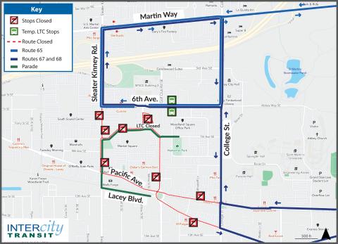 Routes 65, 67 and 68 will be on detour due to road closures for the Lacey Lighted Parade.