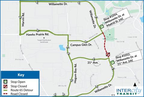 Route 65 on detour due to closure of Willamette Dr. from 31st Ave. to Campus Glen Dr.