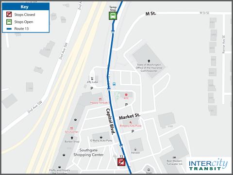 Stop #72 on Capitol Blvd. at Southgate Center [SB] is closed. Use temp stop 900 ft. north.