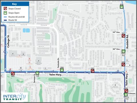 Routes 66, 68 and 94: Multiple stops in South Lacey will be temporarily closed. Use alt stops.