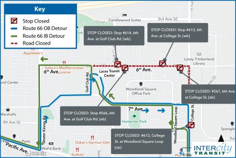 Route 66 on detour for two trips due to the closure of Golf Club Rd. and 6th Ave. intersection.