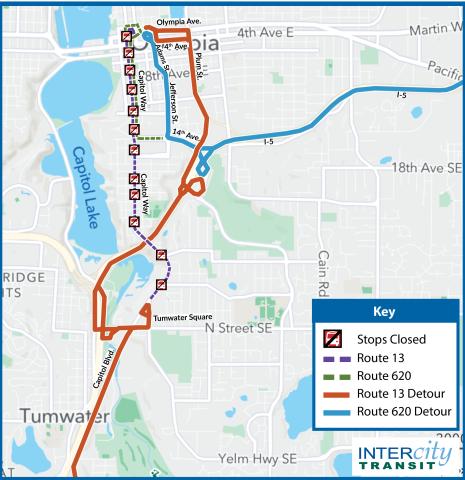 Routes 13 and 620 will be on detour due to the closure of Capitol Way for the Lakefair Parade.