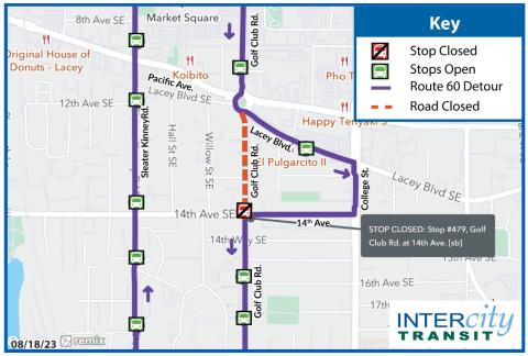 Route 60 on detour due to construction on Golf Club Rd.