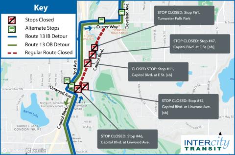 Route 13 on detour due to closure of Capitol Blvd. for traffic signal activation.