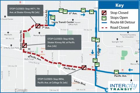 Route 68 will be on detour due to a paving project at the Lacey Blvd., Pacific Ave. and Golf Club Rd. roundabout.