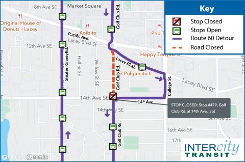 Route 60 on detour due to construction on Golf Club Rd.