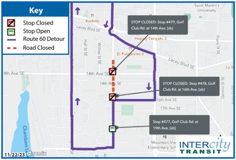 Route 60 on detour due to closure of 14th Ave. and Golf Club Rd.