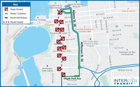 Map of Route 13 and 620 detour for Olympia Pride Parade