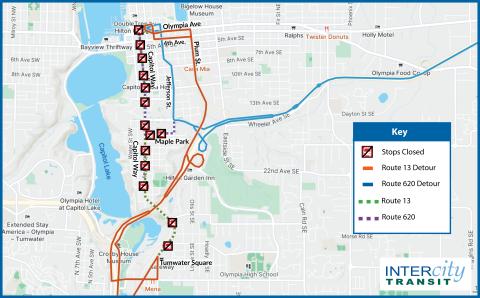 Map of Route 13 and 620 detour for Capitol Lakefair Parade.
