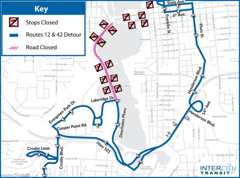 Map of Route 12 and 42 detour for Olympia Lakefair