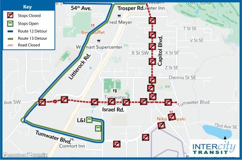 Map of Routes 12 and 13 detour for Tumwater 4th of July parade