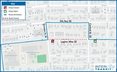 Map of Legion Way tree trimming detour 8-20-25