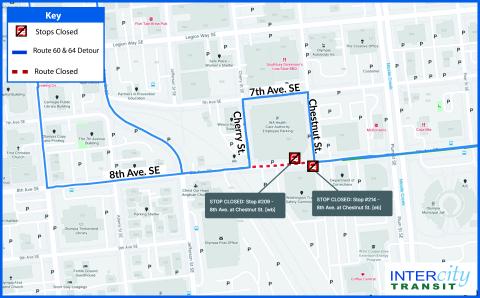 Map of Route 60 and 64 detour for 8th Ave. construction