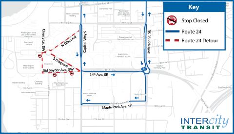 Route 24 is on detour and will not provide service to the Capitol Campus.