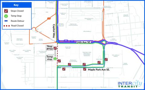 Map of Capitol Campus pedestrian walkway detour