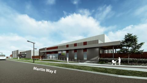 Rendition of building along Martin Way E showing Walk N Roll entrance and Facilities Maintenance complex