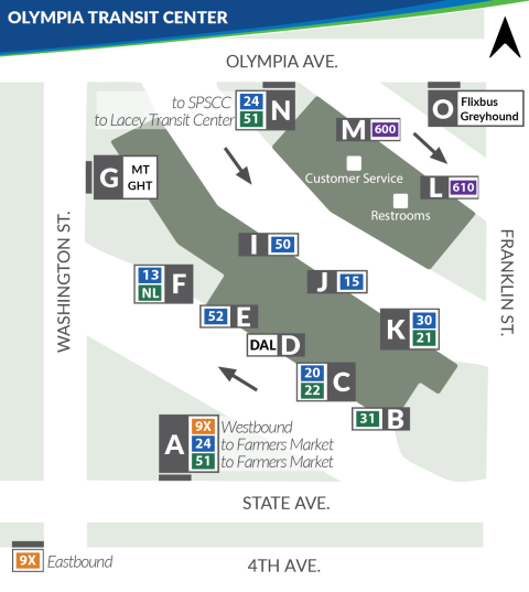 Bus bay assignments at the Olympia Transit Center