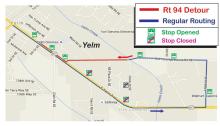 Map of Route 94 on detour in Yelm