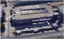 Photo showing the new G Street stop and the current northbound stop at Zone E.