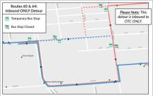 Map of detour, stop closures and temporary stops
