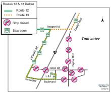 Routes 12 & 13 on detour along Capitol Boulevard due to the Tumwater Independence Day Parade.