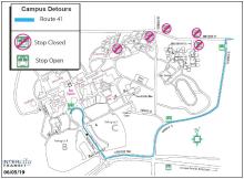 Route 41 won't be traveling the Dorm Loop due to road closure. Instead it will travel on Overhulse to Evergreen Parkway to McCann Plaza.