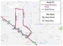 Route 94 detour around Highway 510 and Yelm Ave. due to road closure for the parade. Seven stops will be closed from 9:30 a.m. to 12 p.m.