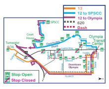 Routes 12, 13, 620, and Dash on detour due to the closure of Capitol Way for the Lakefair Parade.