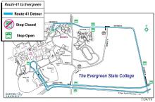 Route 41 detour around Overhulse Place on The Evergreen State College campus. Buses will travel on Driftwood instead.