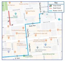 Routes 12 and 42 on detour due to the closure of Columbia St. between State Ave. and Olympia Ave. for Harbor Days.