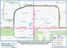 Routes 64, 66, 68, and 94 will be on detour due to the closure of the intersection at Yelm Highway and College St. for the City of Lacey's "Super T" project. During the detour there will be nine stops closed along Yelm Highway and College St.