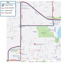 Routes 66 and 68 on detour due to the closure of the intersection at Yelm Highway and Ruddell Rd.