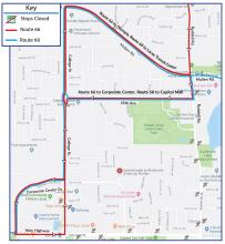 Routes 66 and 68 on detour due to the closure of the intersection at Yelm Highway and Ruddell Rd.