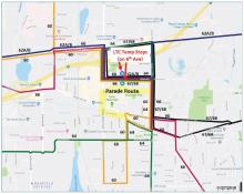 Routes 60, 62A, 62B, 64, 66, 67, and 68 on detour due to street closures for the Lacey Lighted Vehicle Parade.