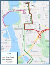 Routes 13 and 620 will be on detour due to the closure of Deschutes Parkway for a parade.