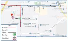 Routes 12 and 13 on detour due to the closure of the front entrance of Labor and Industries for construction. Please use the temporary stop on Linderson Way.