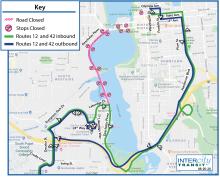 Routes 12 and 42 on detour due to the closure of Deschutes Parkway between 5th Ave. and Lakeridge Dr. for a construction project.