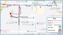 Routes 12 and 13 on detour in Tumwater due to the closure of the front entrance at L&I.