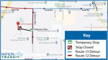 Routes 12 and 13 on detour due to the closure of the Labor and Industries front entrance bus stop.