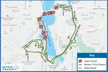 Routes 12 and 42 will be on detour due to the closure of Deschutes Parkway.