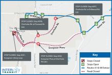 Routes 41 and 48 on detour due to the closure of Library Loop, Overhulse Place, and Evergreen Parkway.