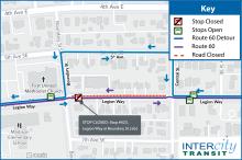 Route 60 on detour due to the closure of Legion Way between Boundary St. and Central St.