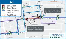 Route 60 on detour due to the closure of Legion Way between Eastside St. and Boundary St.