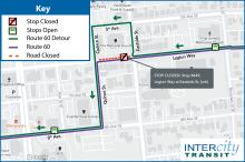 Route 60 will be on detour due to the closure of Legion Way between Quince St. and Eastside St.