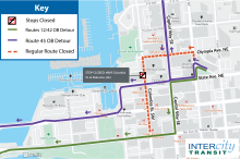 Outbound Routes 12, 42 and 45 will be on detour due to construction in the westbound lane of Olympia Avenue.